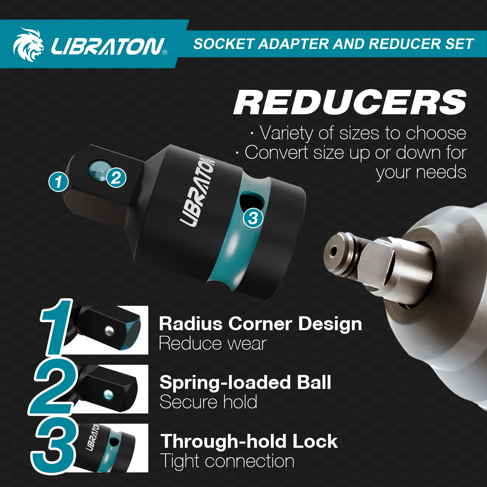 LIBRATON 1/4 Zoll, 3/8 Zoll, 1/2 Zoll Schlagschrauber-Adapter und Reduzierstücke, inklusive Reduzierstücke, Universalgelenke, Steckschlüsseladapter-Verlängerung, 20 Stück – Detail 3