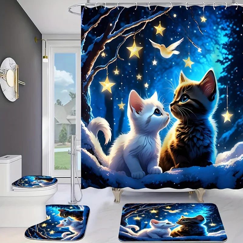 

4pcs Cute Maine Coon Cat Shower Curtain Set, Artistic Polyester Bath Decor with Waterproof Curtain, Non-Slip Mat, Toilet Cover