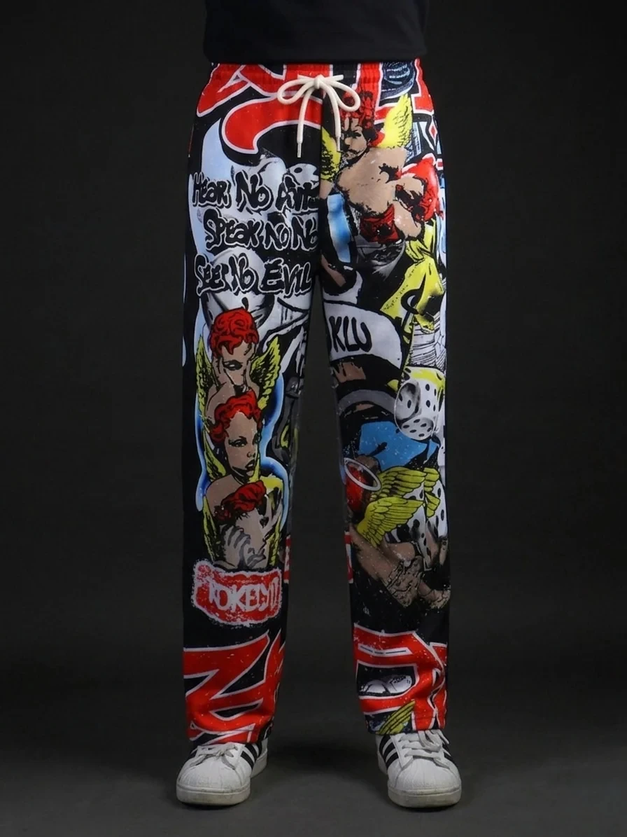 Men Colorful Comic Graffiti Print Silky Drape Pants, Hip Hop Streetwear Style, From Skate Parks To Trendy Boutiques