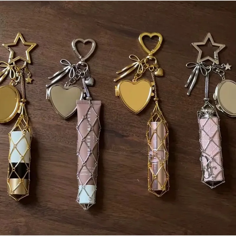 Stainless Steel Metal Net Pocket Lipstick Bag Keychain Interchangeable Silver Color Lip Balm Bag Key Chain Charm Bag Accessories