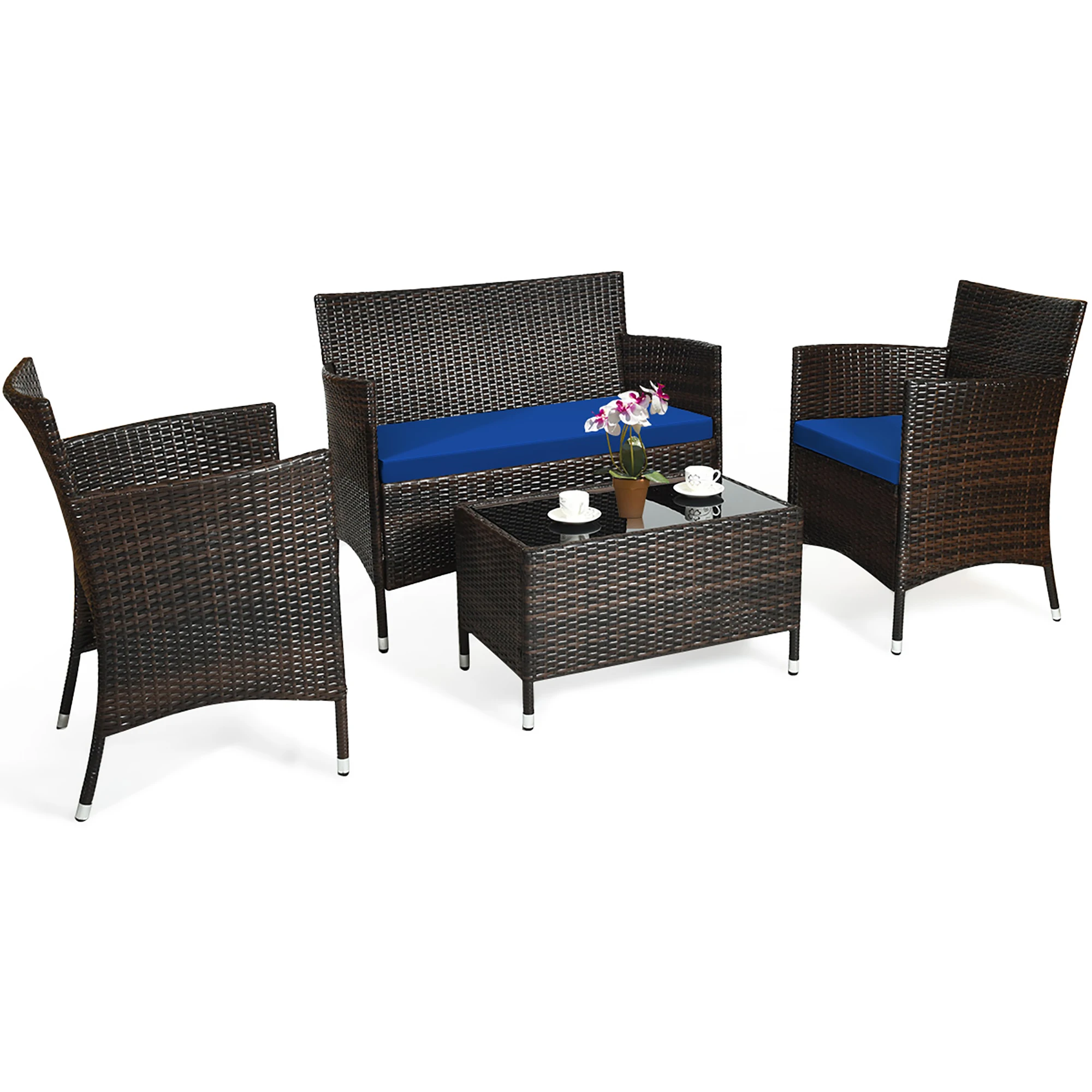 Conjunto de muebles de mimbre para Patio, sofá acolchado, silla, mesa de centro, azul marino, 4 piezas