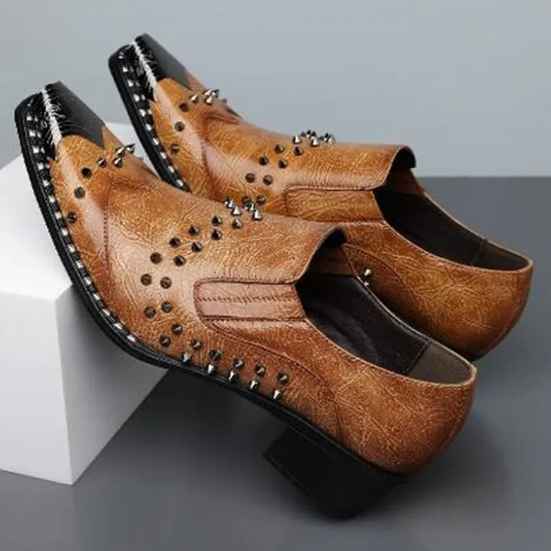 New Arrival Fashionable Studded Pointed-Toe Mens 2027 Leather Shoes British Metal-Toe Style Trendy Business&Unique Formal Footwe