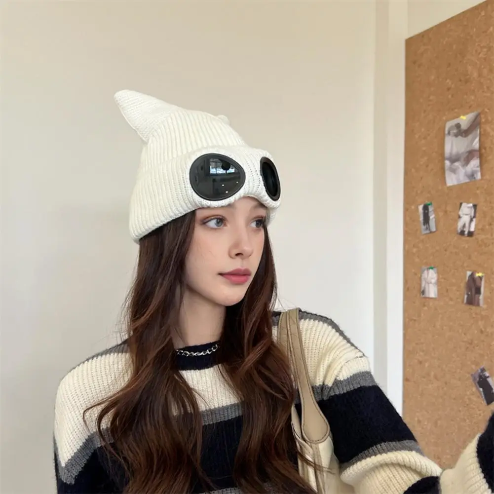 Cat Ear Hat Cat Ear Beanie Cute Kitty Head Winter Hat with Goggle Decor Ball Detail Windproof Demon Cap for Women Warm Anti-slip