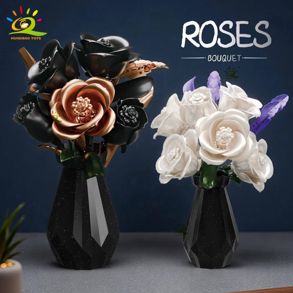 HUIQIBAO Rose MOC Flower Model Building Blocks 3D Bouquet Bricks Children DIY Toys Home Decor Valentine's Day Gift for Girls