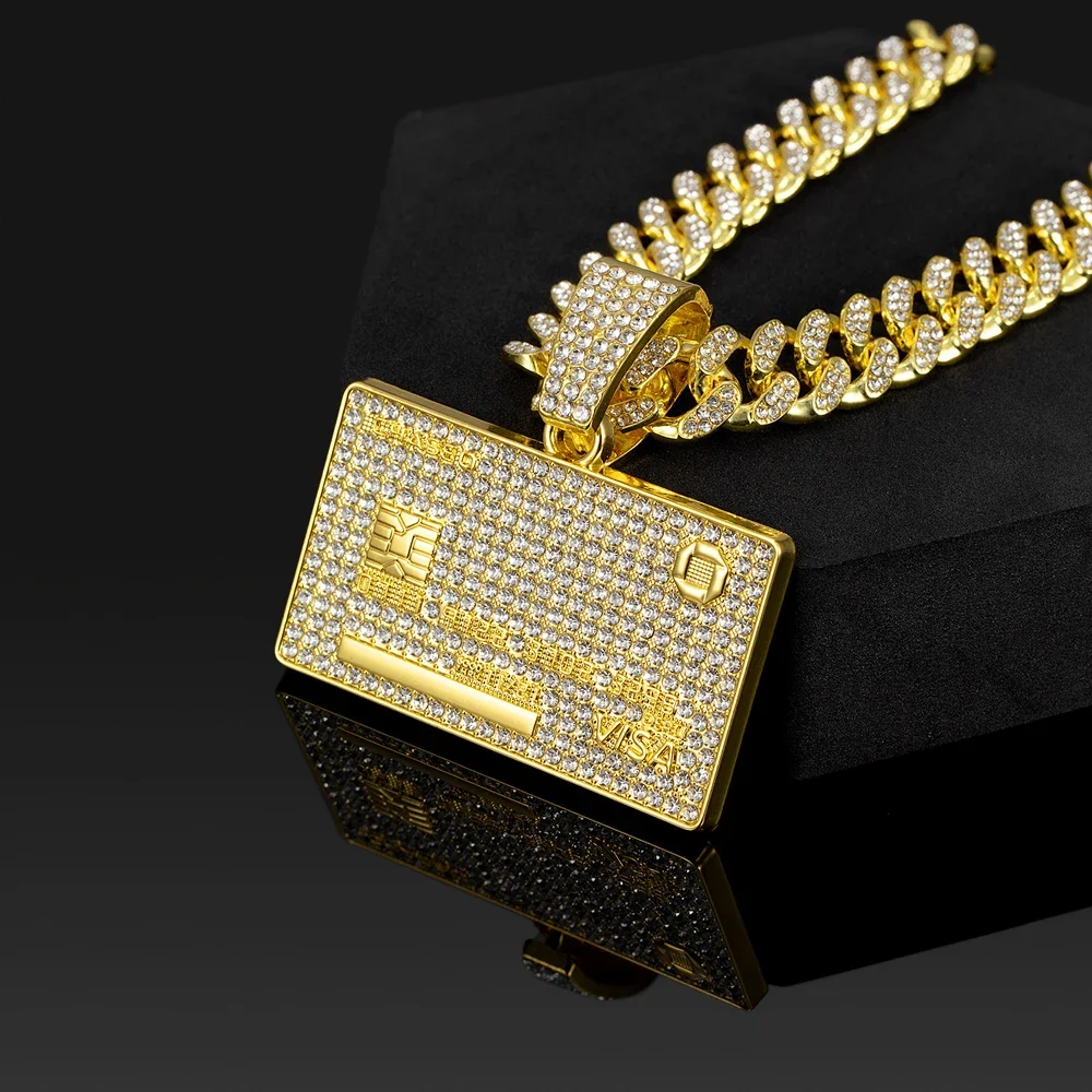 Colgantes de tarjeta de crédito VISA de Hip Hop para hombre con cadena cubana de Miami de 13 mm, collares de tarjeta bancaria con diamantes de imitación, joyería de moda para mujer