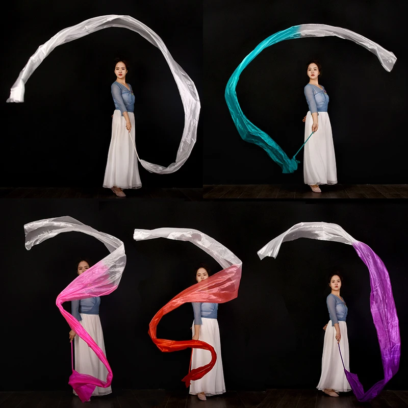 45×400cm Gradient Imitation Silk Dance Streamer Ribbon with Stick for Women Square Belly Dance Stage Performance Props