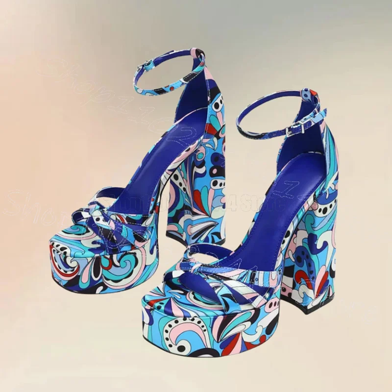 Colorful Graffiti Print Open Toe Platform Sandals Buckle Strap Women Shoes Chunky High Heels New Party 2025 Zapatos Para Mujere
