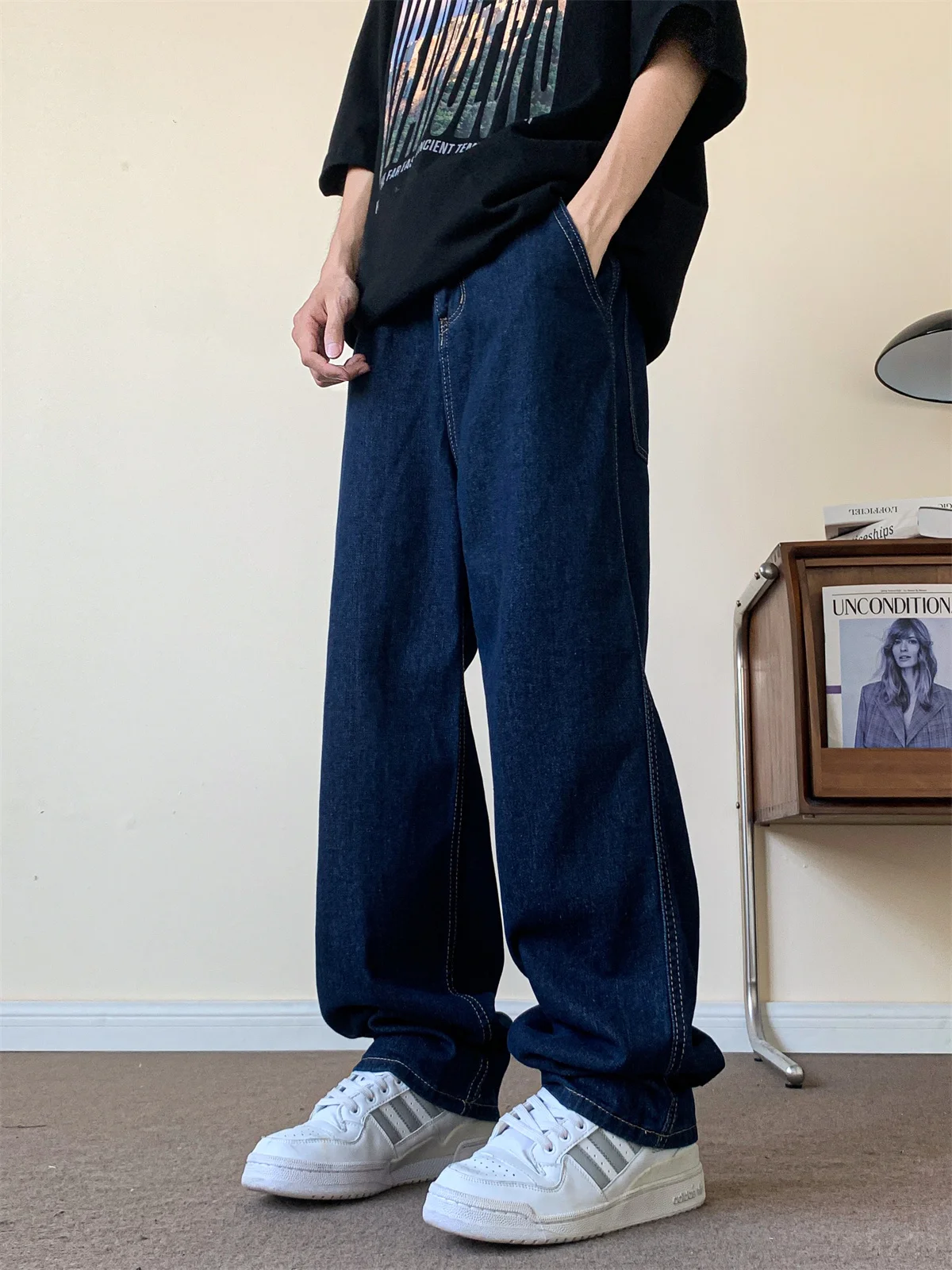 

Deep Blue Men's Jeans Summer Straight Loose Faionable Wide Leg Pants American Casual High Street Haome Long Trousers