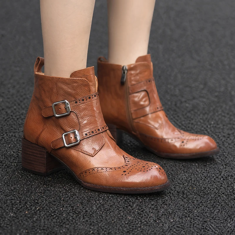 NEW AutumnWinter Women Boots Genuine Leather Shoes Women Round Toe Chunky Heel Shoes Casual Short Boots Belt Buckle Brogue Shoes
