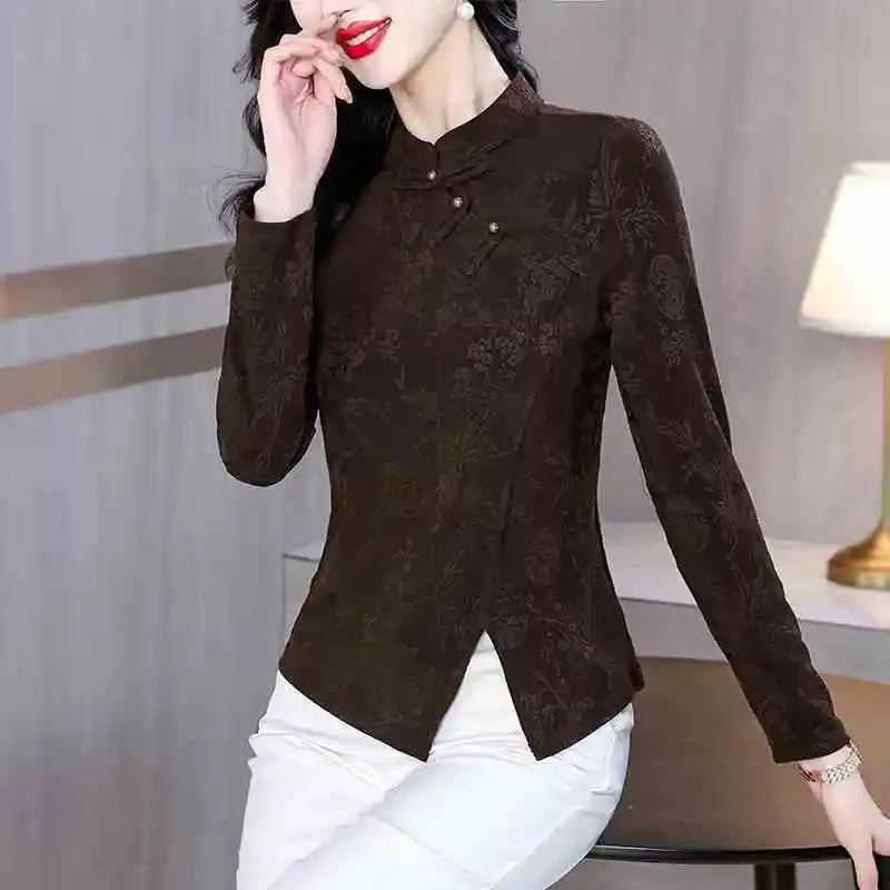 Button Female Fashionable Mother Outfit Encore Red Base Shirt Ethnic Style Retro