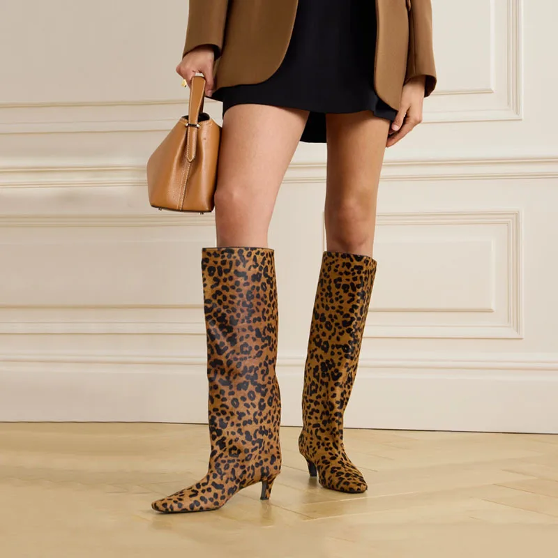 

Fashion Women Leopard Horsehair Kitten Heel Knee Boots Slip On Square Toe Ladies Horse Fur Loose Tube Long Botas Shoes