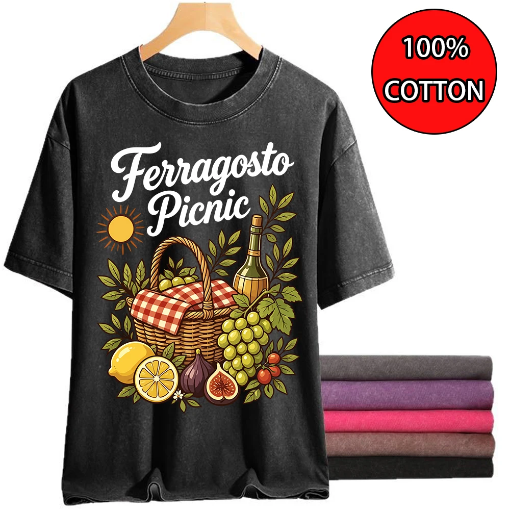 Picnic Wicker Basket Fruits Wine Sun Print Women'S Washed T Shirts Casual Top Cotton Crewneck Short Sleeves Summer Loose T-Shirt