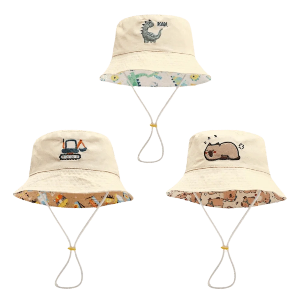 

Fashion Double-sided Children Bucket Hat Breathable UV Protection Fisherman Hat Cartoon Embroidered Beach Sun Hat Summer Outdoor
