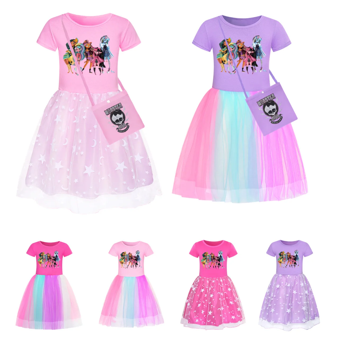 

Новое платье Monster High, сетчатая юбка для маленьких девочек, детское летнее Повседневное платье принцессы с короткими рукавами и кружевом