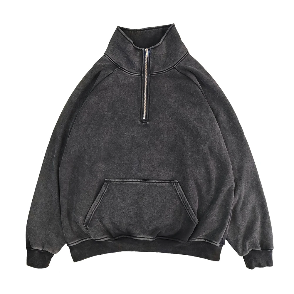 

Повседневная мужская свободная посадка в стиле ретро, потертая толстовка с полумолнией, пуловер, футболка с воротником-стойкой для осеннего повседневного использования