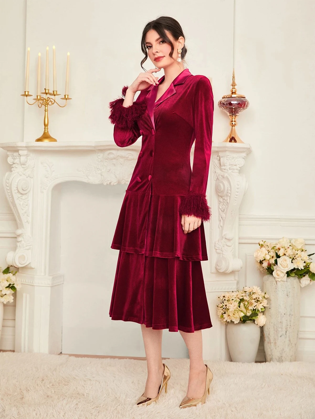 Robe de soirée en velours bordeaux pour femmes, ensemble deux pièces, veste et jupe, col en V, Tuxedos pour mariage