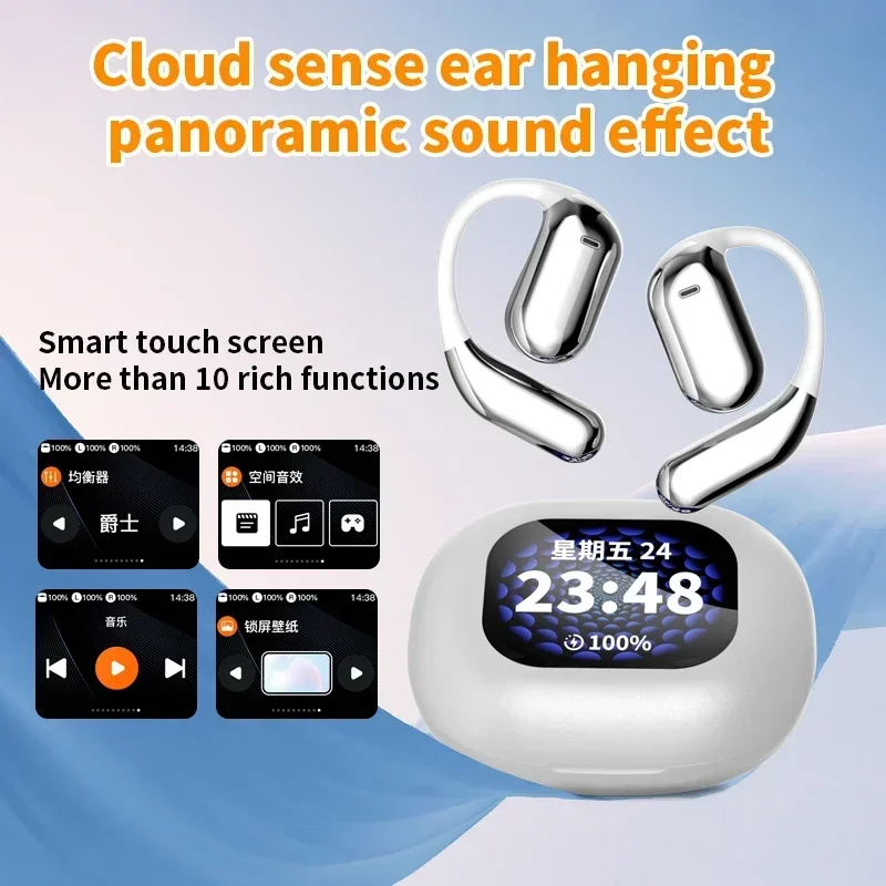 2024 New Ear Mounted LCD Screen Noise Reduction Earphones Full Color Touch Screen Bluetooth Earphones ANC Smart Screen Open