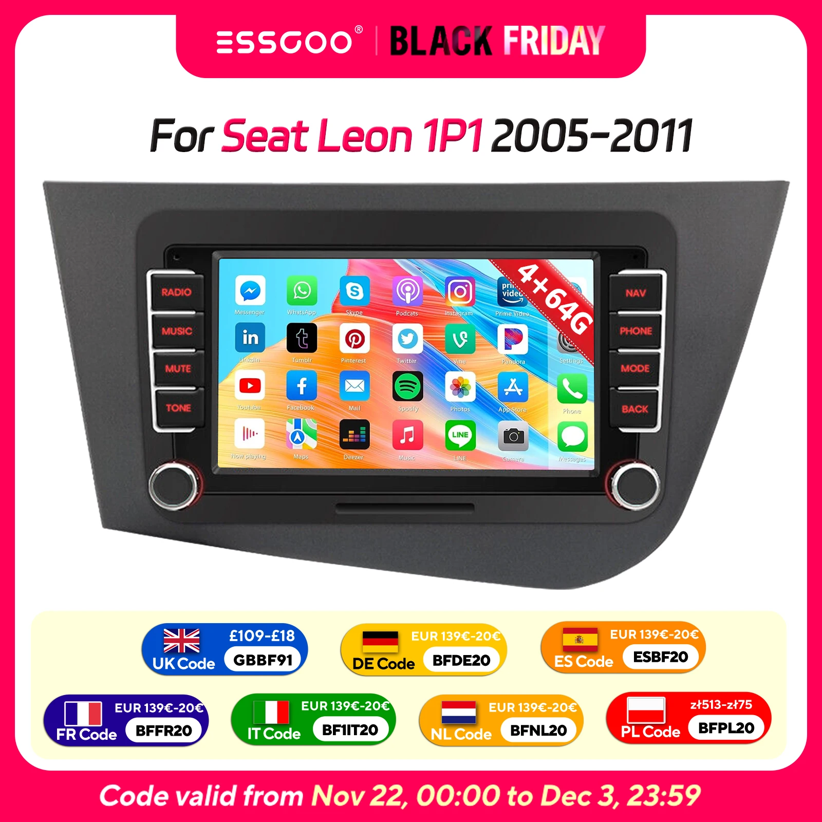 ESSGOO 7 ''Android 14 Per Seat Leon 1P1 2005-2011 Touchscreen GPS Nav Wireless Carplay Android Auto AI Voce RDS WIFI unità principale