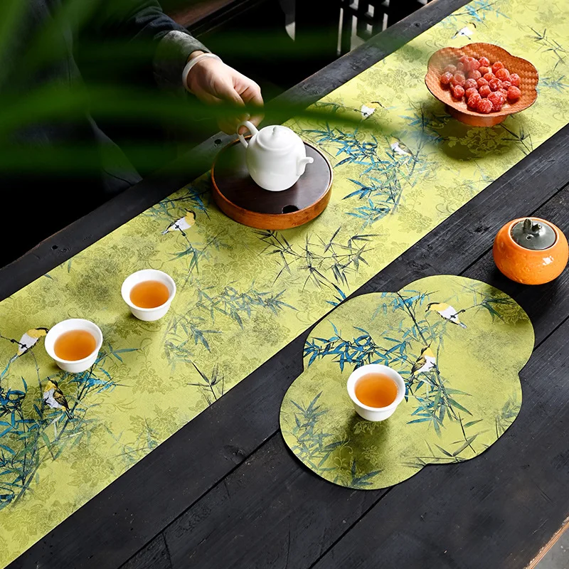 Double Sided Waterproof Tea Table Mat New Chinese Zen Style Table Runner Gambiered Gauze Non Slip Tea Accessories