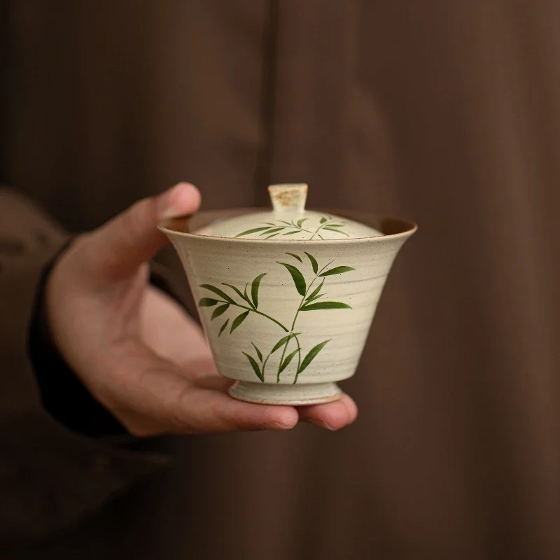 Hand Painted Bamboo Tall Foot Gaiwan Teapot Rustic Pottery Wabi Sabi Style Vintage Tea Ware Elegant Gift