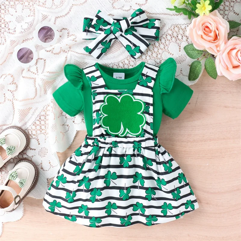 Adorable Toddler Girl St Patrick s Day 3 Piece Set Green Clover Romper Striped Suspender Skirt Shamrock Headband - Spring