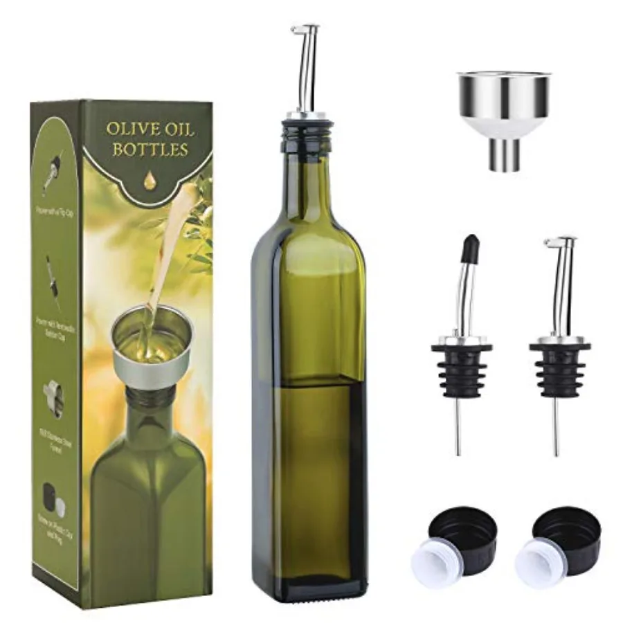 Dispensador de aceite de oliva de vidrio de 17 oz - Garrafa verde de 500 ml para aceite y vinagre con vertedores y embudo - Decantador de aceite de oliva