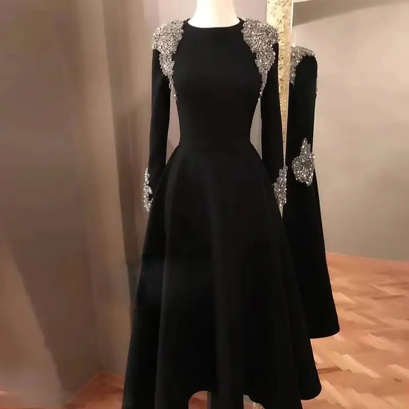 Elegant Black Evening Formal Dress Long Sleeves Gold Appliques Crystal Beaded Ankle Length A Line Prom Gown For Women Customized