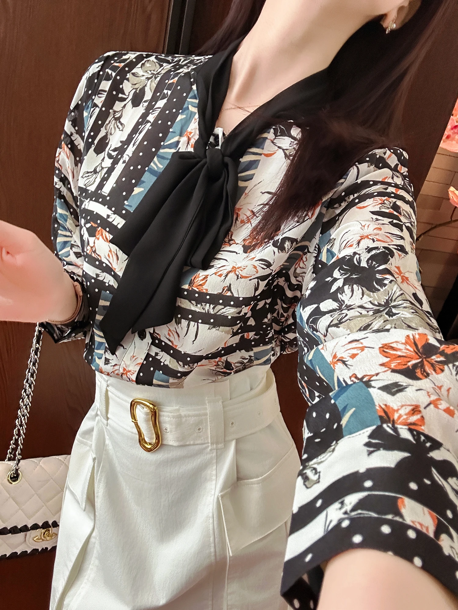 

You See Retro Newsprint Cheered Commuter Women's irt Floral Print Bla White Polka Dot Slimming Long Sve OL Sle