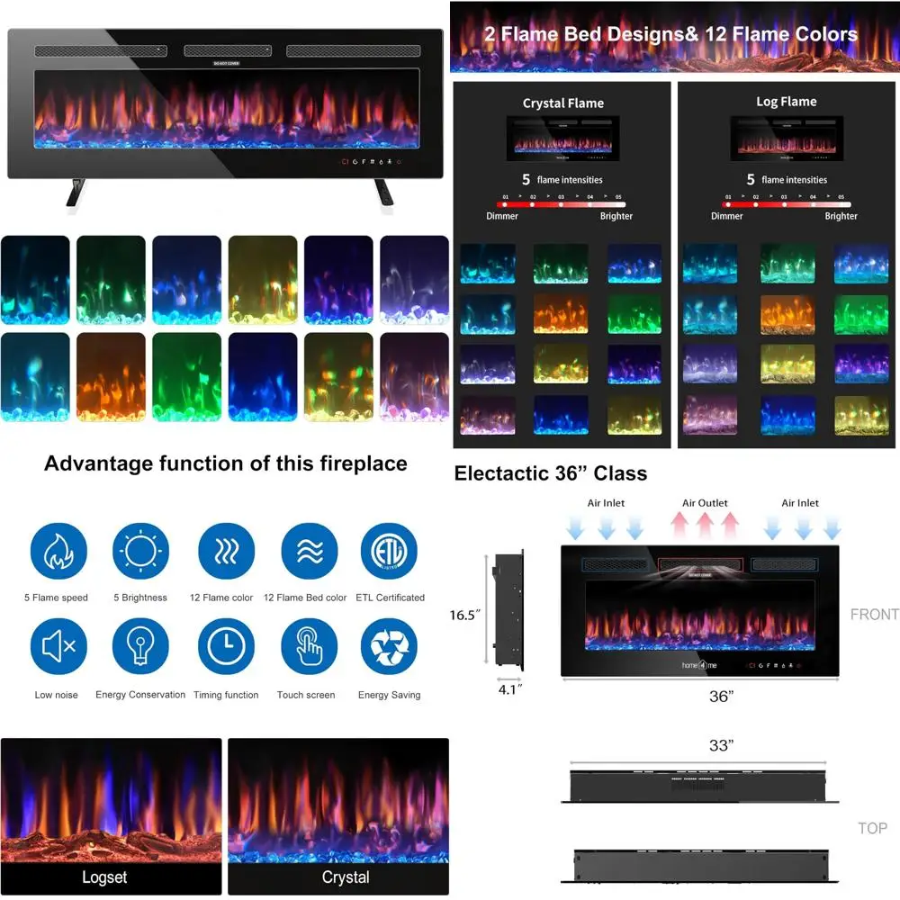 

Modern 36 Wall-Mounted Electric Fireplace Heater, 750-1500W Adjustable Flame, Space-Saving Design