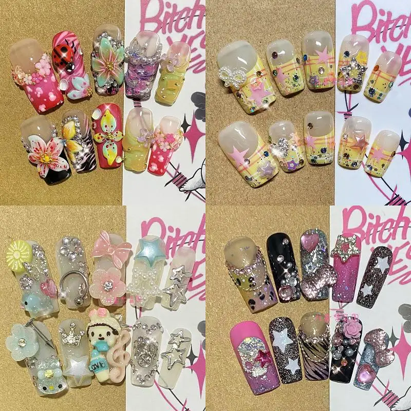 

Diy Flower Stars Anime Y2K Europe and America Handmade Press On Nails Long Tips Nails Design Manicure Girls Gift