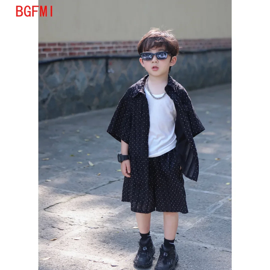 Boys Summer Short Sleeved Single Breasted Shirt+ Shorts Set 2026 New Flash Diamond Boys Baby Korean Edition Blazer Two Piece Set