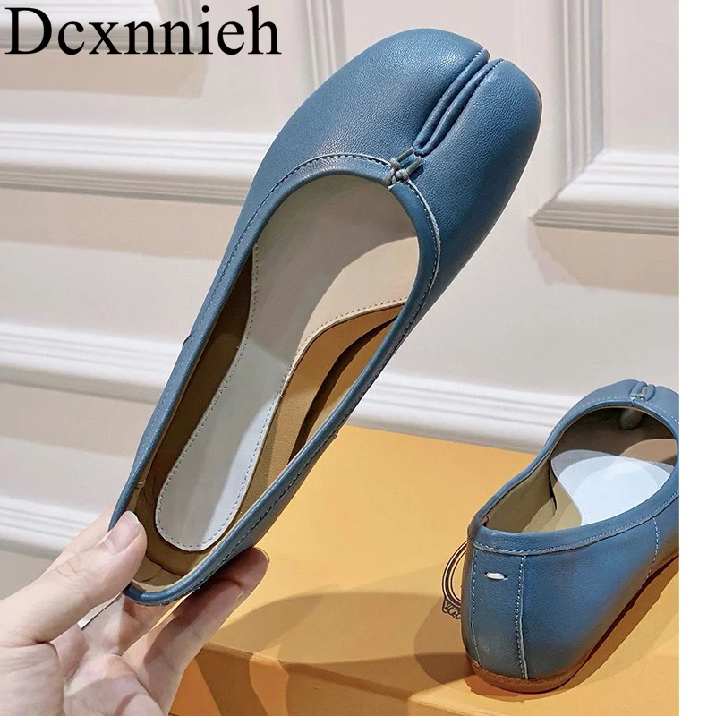 

Spring Autumn Women Shallow Mouth Genuine Leather Flat Bottom Lazy Loafers Simple Lightweight Split Toe Bean Shoes Walking Shoes