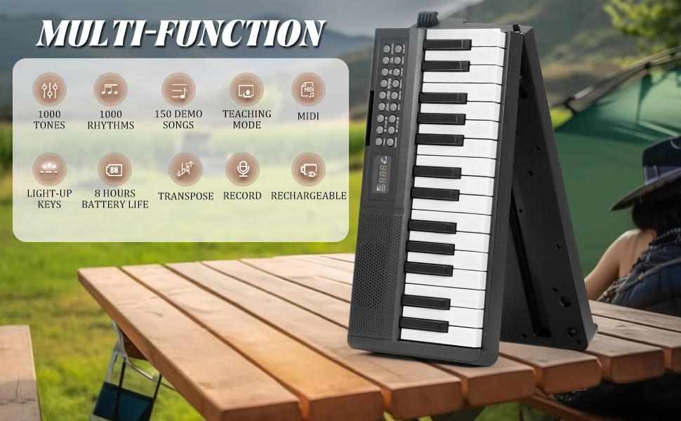 بيانو قابل للطي 61 مفتاحًا لوحة مفاتيح محمولة بيانو 1000 نغمة 150 أغنية تجريبية قابلة للطي لوحة مفاتيح إلكترونية بيانو أسود قابل للطي