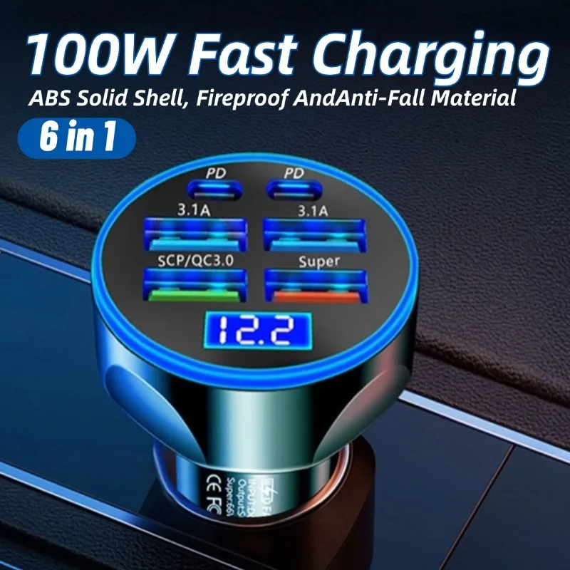 100W Car Charger Fast Charging Type C Adapter in Car PD QC3.0 USB C Car Phone Charger, with Voltage Display, for iPhone Samsung