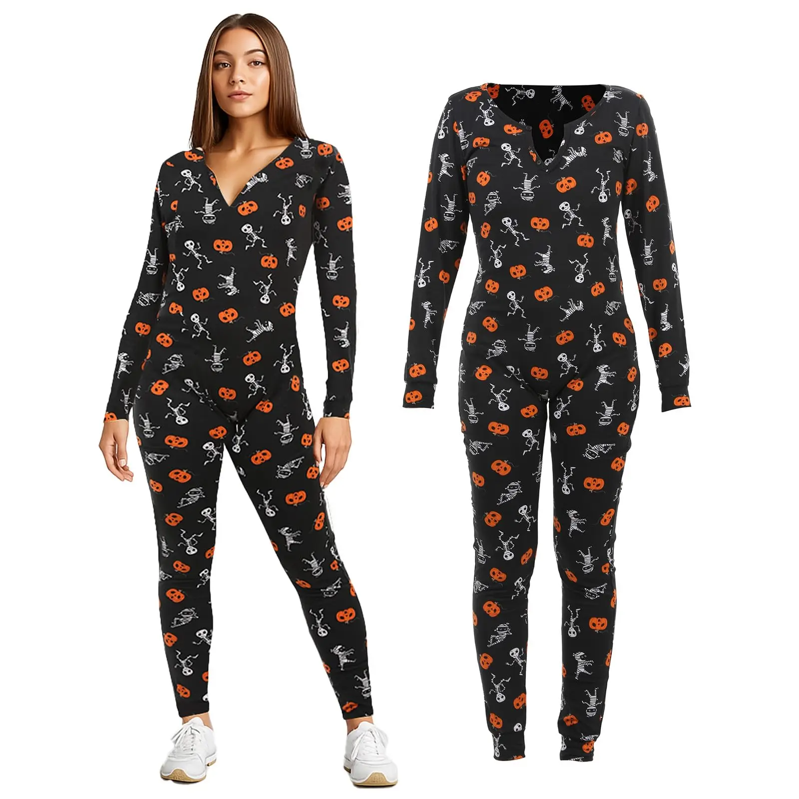 

Halloween Cosplay Costume Pajamas Women Skulls Pumpkins Long Sleeve Loungewear Set Skeleton Onesie Adult Soft Bodycon Sleepwear