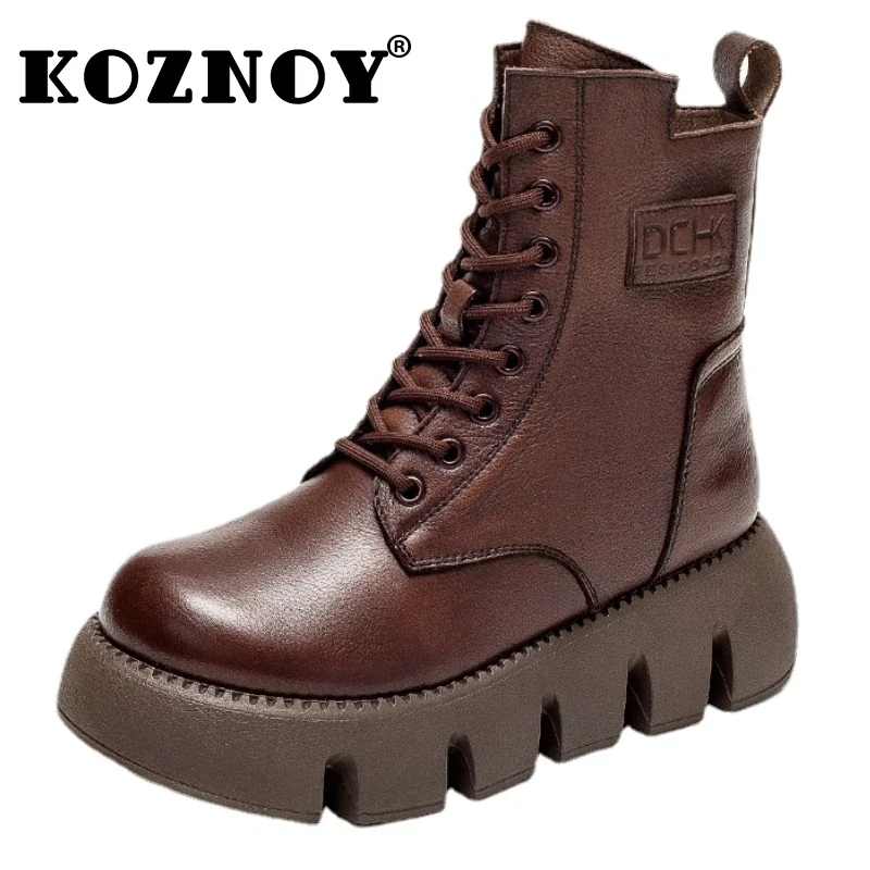 

Koznoy 5.5cm Women Boots Cow Genuine Leather Ethnic ZIP Platform Warm Moccasins Winter Plush Spring British Wedge Ankle Shoes