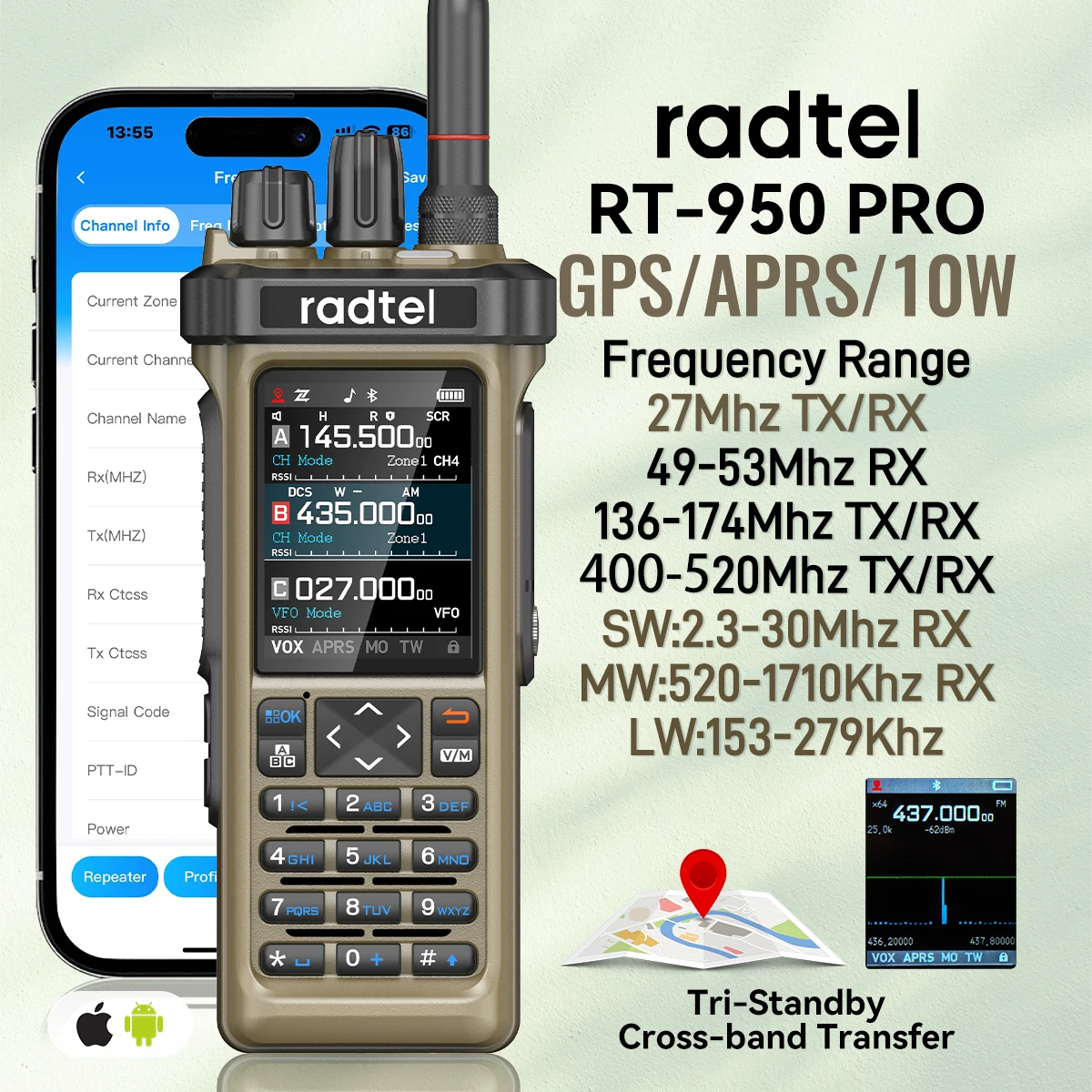 Radtel RT-950 Pro Walkie Talkie w kolorze piaskowym z GPS APRS 10W Bluetooth Programowanie przez Telefon Radioamatorskie RT-950PRO Radio SSB CW AM FM