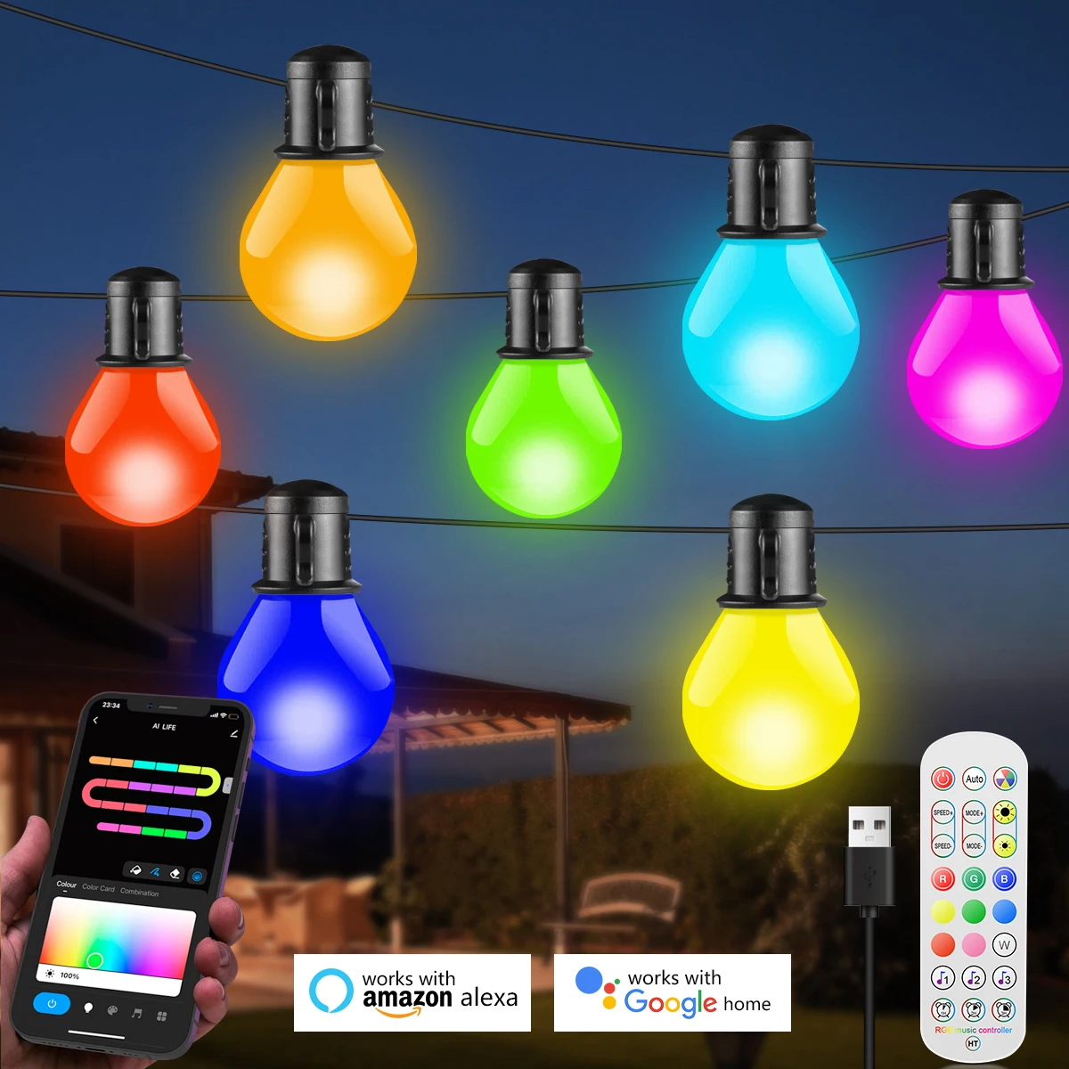 Bombilla LED inteligente con WIFI, cadena de luces USB de 15M, 25 bombillas, luces navideñas para dormitorio, decoración de jardín al aire libre, lámpara de guirnalda de adorno