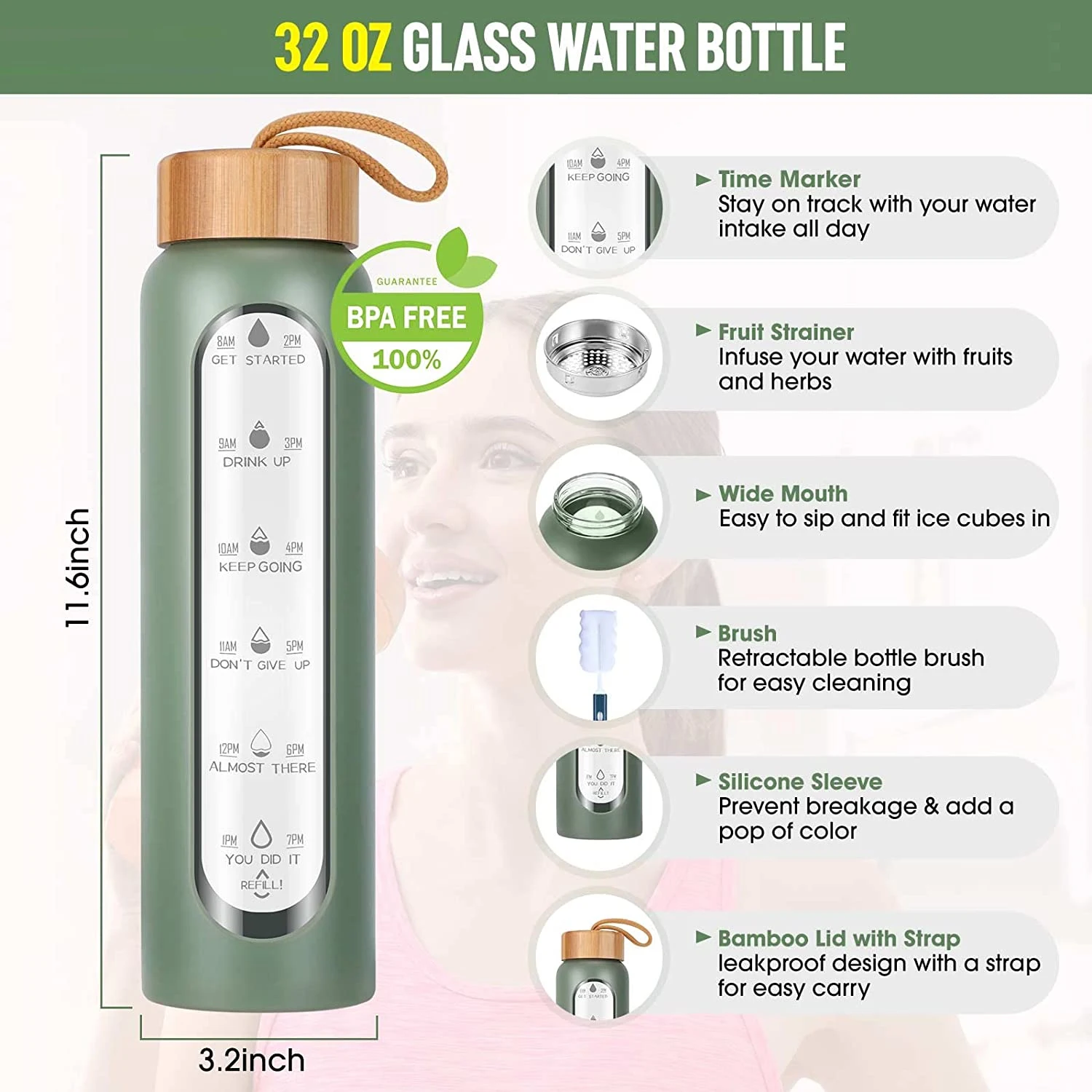 BPA Free Borosilicate Motivational Water Bottle 32oz