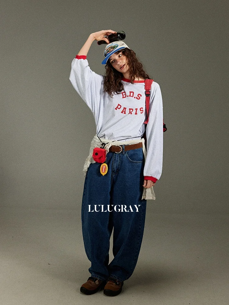 

Luluay American Retro Long Sve Letter Print T-irt Women's Loose Lazy Street Sle Top Spring Summer Casual round Ne