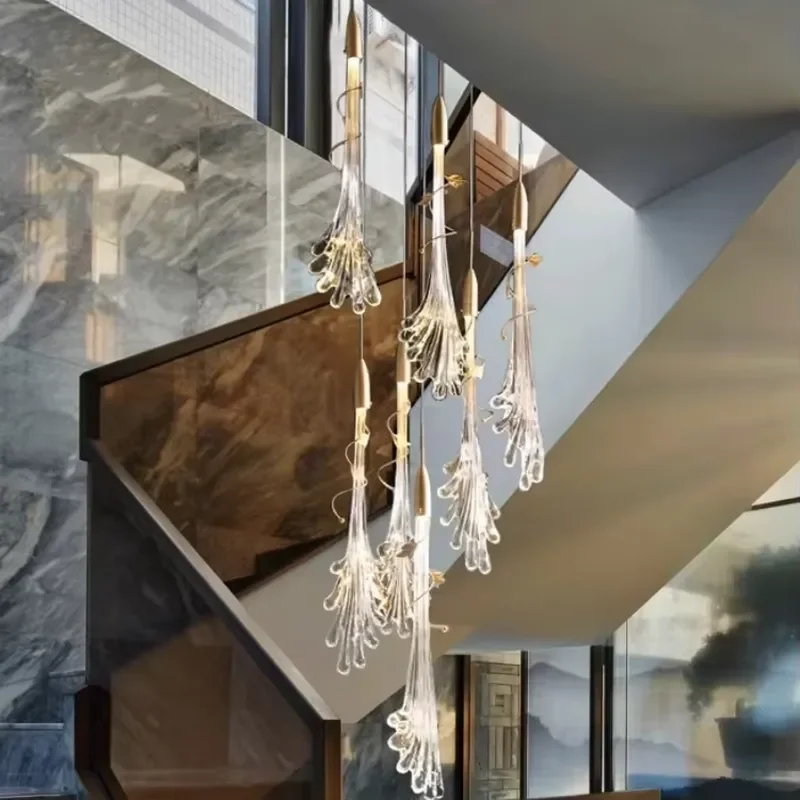 2025 Long Drop Style Crystal Glass Pendant Gold Clear LED Adjustable Height Living Room Hanging Lamp Indoor Suspension