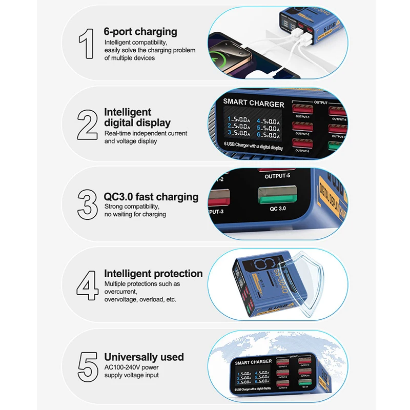 Sunshine SS-304Q 6 Port USB Smart Lightning Charger Multi-device Compatibility QC 3.0 Fast Charging For Mobile Phone Repair