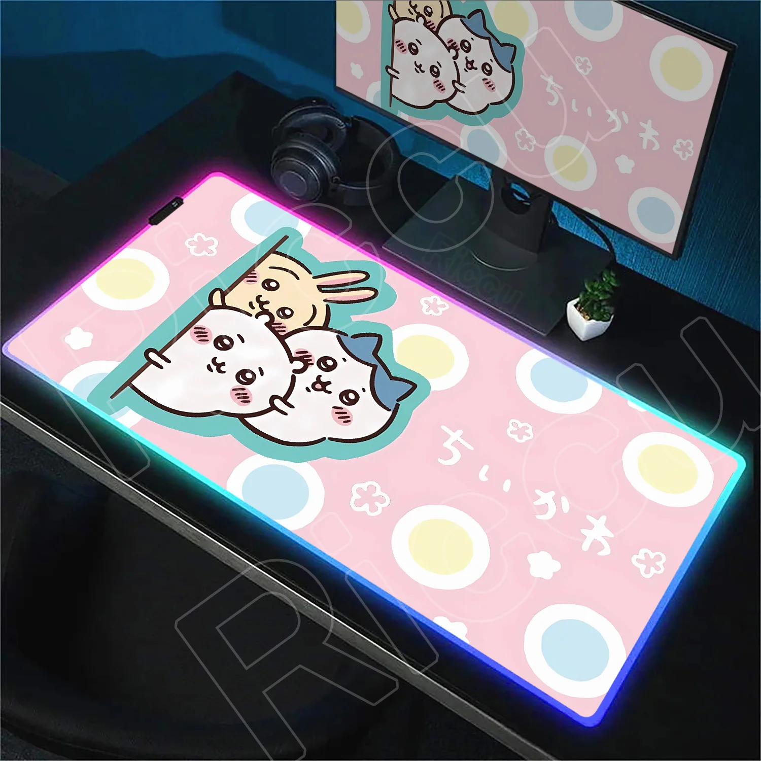 Niedliches Anime-Chiikawa-Gummi-Mauspad, 40 x 90 cm, LED-Licht, leuchtender PC-Teppich mit hintergrundbeleuchteter RGB-Gaming-Tastaturmatte, Mädchen-Schreibtisch