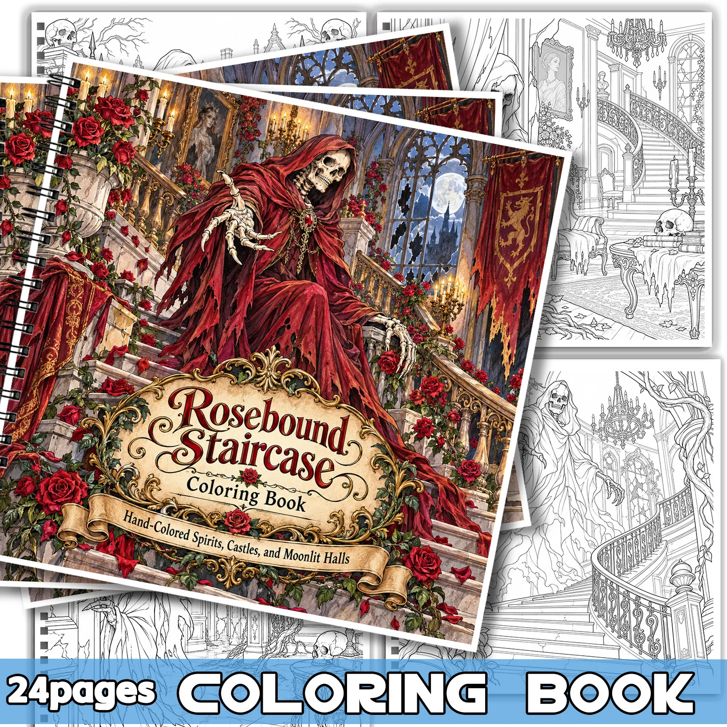 24Pgs Coloring Book Rosebound Staircase Gothic Design for Adult Teens, Showcasing Creativity Relieving Stress Relaxing Body Mind