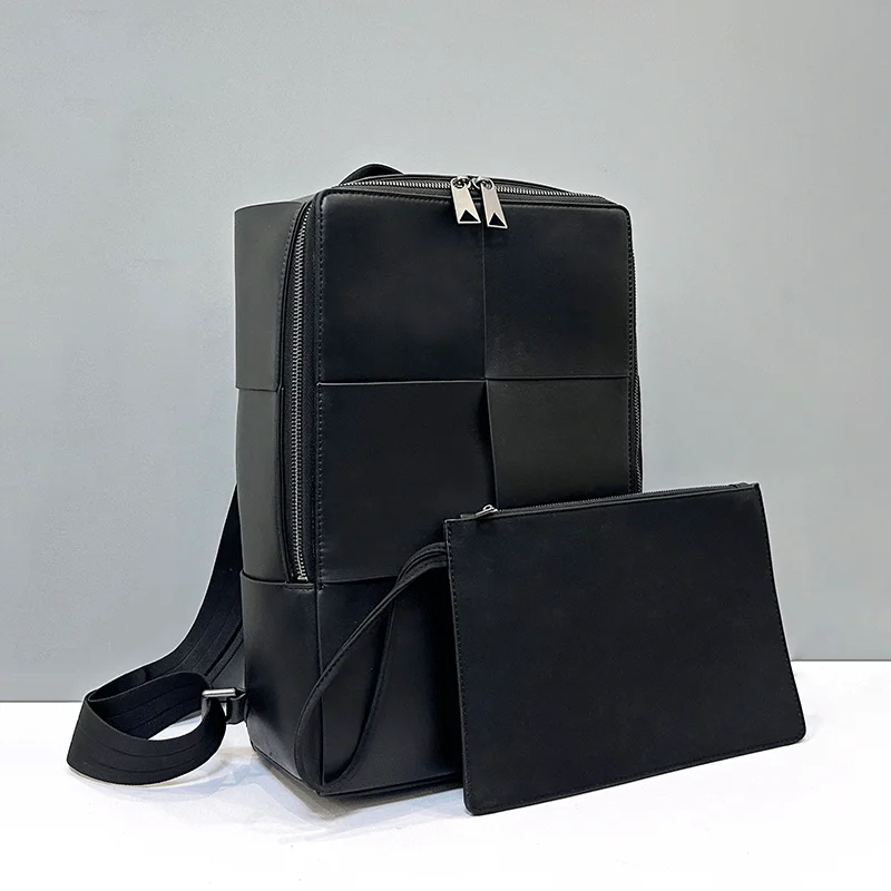Fashionable Large Capacity Leather Woven Business Casual Travel Backpack Men's Double Shoulder Bag Leisure Pure Color Vertica...