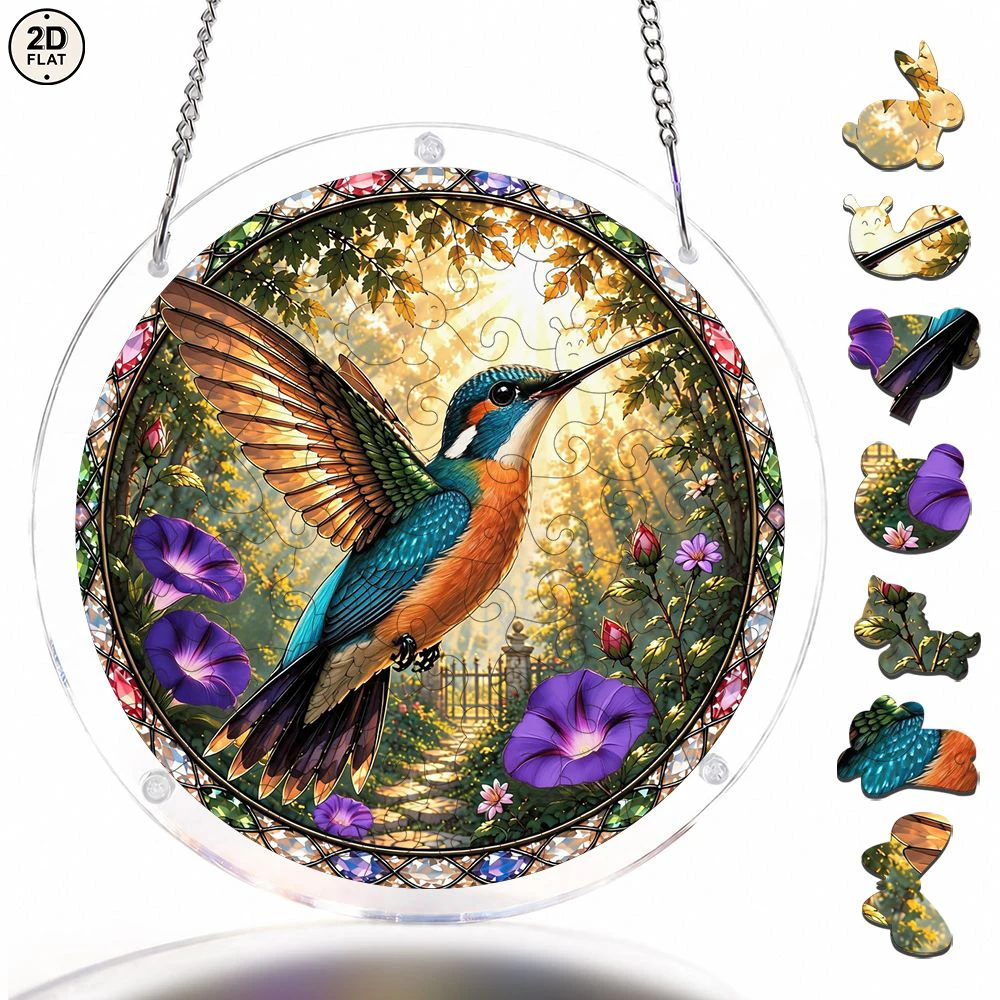 Hummingbird And Purple Flowers Acrylic Puzzle Garden Suncatcher, 57 Pieces Acrylic Jigsaw Puzzle Ornaments For Window Ha