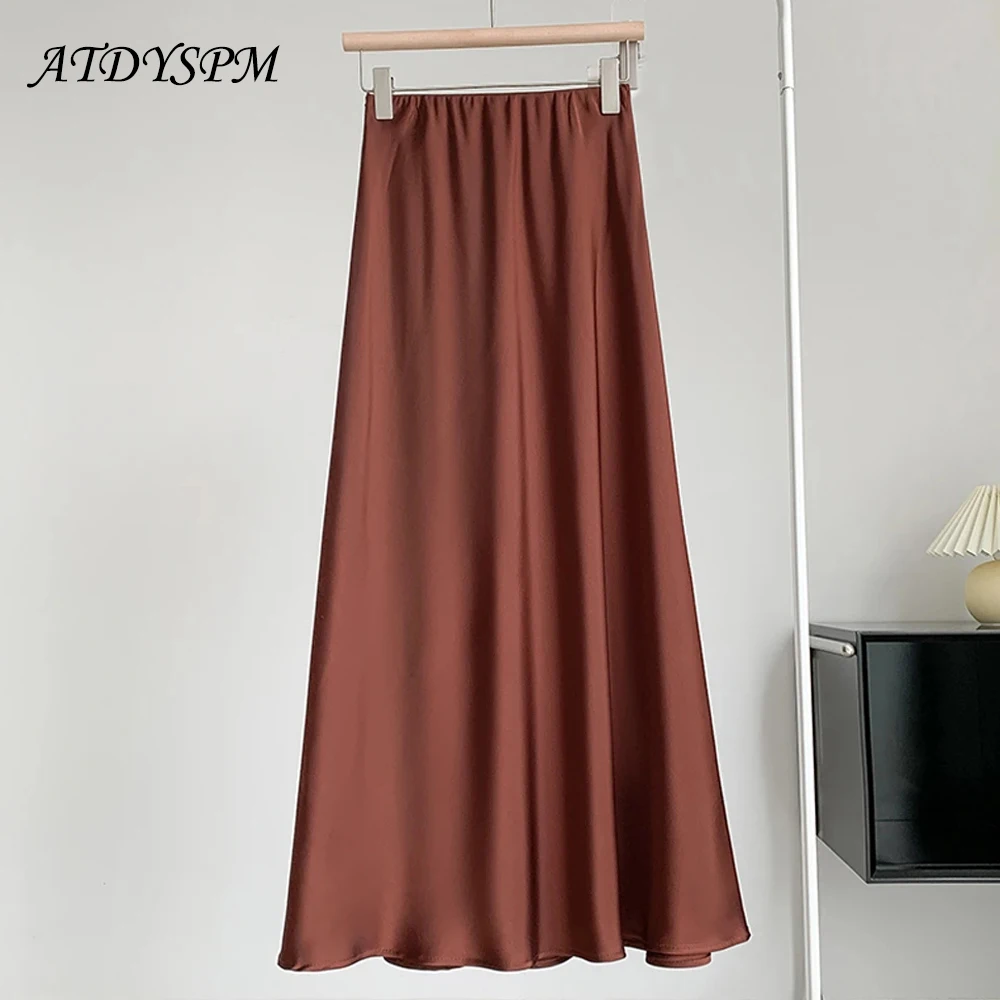 

Fashion 2024 New Draped Silky Satin Skirts Women Elegant Elastic High Waist A-line Long Skirts Casual Female Bodycon Bottoms