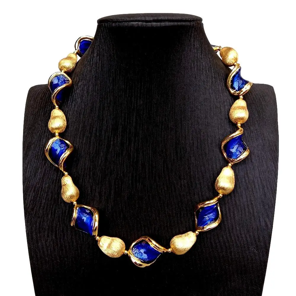 Blue Murano Glass Gold Plated Brushed Bead Necklace Collar Choker Necklaces