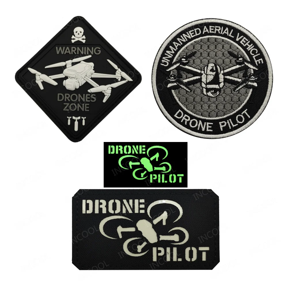 Drone Pilot White Glow In Dark Rubber Decorative Embroidered Patches Armband Laser Cutting IR Reflective Tactical Backpack Patch