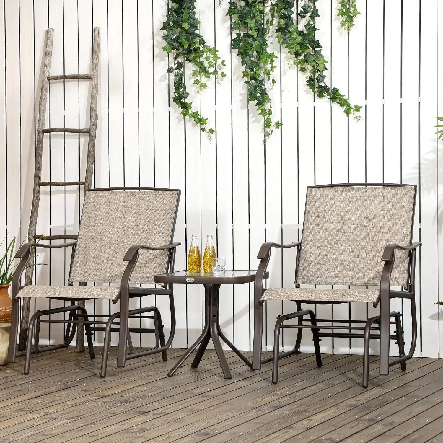 Outdoor Glider Bistro Set 2 Rocking Swing Chairs Breathable Sling Fabric Glass Tabletop Backyard Garden Porch, Customized